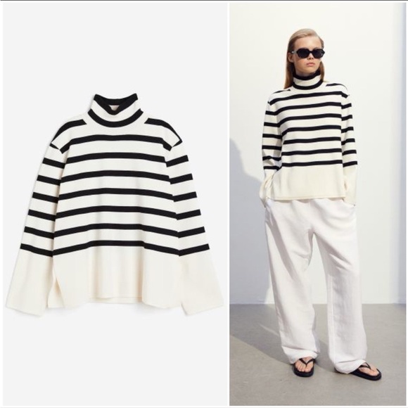 H&M Sweaters - H&M Black and White Fine Knit Mock Turtlenecks Striped  Sweater